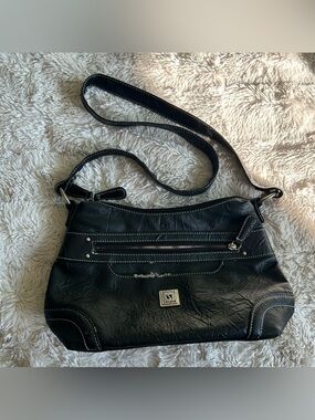 Stone & Co. Black Faux Leather Shoulder Bag with Front Zip